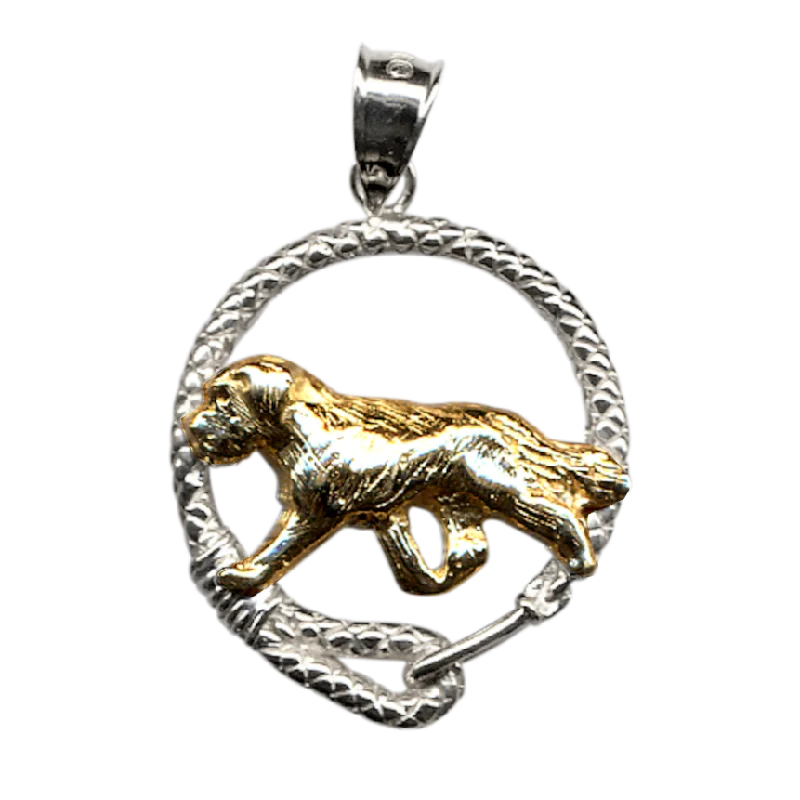 Solid 14K Gold Saint Bernard in Sterling Silver Leash Pendant