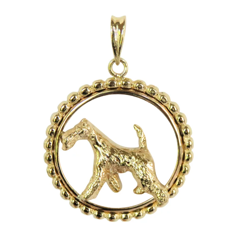 Airedale Terrier in 14K Gold Beaded Circle Pendant