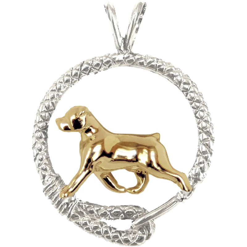 Solid 14K Gold Rottweiler in Sterling Silver Leash Pendant