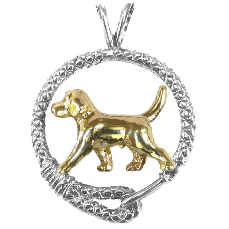 Beagle in Solid 14K Gold and Sterling Silver Leash Pendant