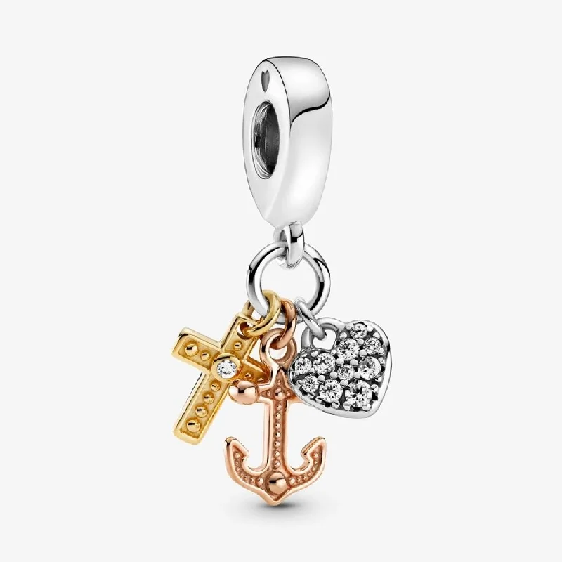 PANDORA : Triple-tone Cross, Heart, & Anchor Dangle Charm